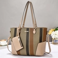Detail of color-block tote bag with detachable mini pouch and woven texture surface - Khaki