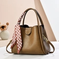 Brown faux leather bucket bag with silk scarf handle and adjustable strap - Khaki