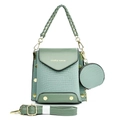 Green faux leather crossbody bag with crocodile embossing and woven handle on white background - Light Green