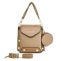 Khaki crossbody bag with crocodile texture, round coin purse and woven top handle - Khaki