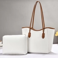 Elegantes weißes Shopper-Taschen-Set mit braunem Rand und passender Innentasche - Gebrochenes Weiß
