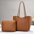 Ensemble sac cabas marron en cuir PU grainé avec pochette zippée et fines anses - Jaune Terre