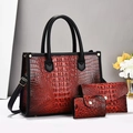Three-piece red and black crocodile pattern tote bag set with golden hardware details - Burgundy