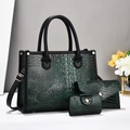 Three-piece dark green crocodile pattern tote bag set with detachable shoulder strap - Green