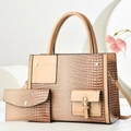 Elegant beige crocodile-embossed handbag set with stylish chain strap for women - Tote And Wallet Set / Khaki