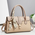 Chic apricot woven handbag with gold twist lock and elegant silk scarf decoration - 30x12x18cm / Khaki