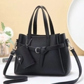 Elegant black lychee leather tote bag set with metal buckle and adjustable strap - Black