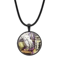 Wizard owl on old books pendant necklace with black woven cord and magical glass cabochon - Black