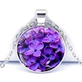 Collier en alliage d'argent avec pendentif rond en verre et motif de lilas violet - Style Lilas Pourpre (JY001046-8)