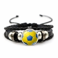 Detail showing the soccer charm and woven leather strands of this sports bracelet - Yellow Blue Soccer Style (JY001336-3)