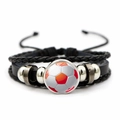 Macro detail of multi-layer woven leather bracelet with red and white soccer glass dome - Red White Soccer Style (JY001336-4)
