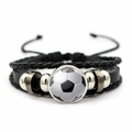 Detail of multi-layer leather braided soccer bracelet with adjustable drawstrings - Black White Soccer Style (JY001336-5)
