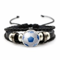 Detail of soccer themed layered leather bracelet with a blue football glass dome charm - Blue White Soccer Style (JY001336-6)