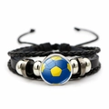 Detail of adjustable layered leather soccer bracelet with blue and yellow glass dome - Blue Yellow Soccer Style (JY001336-9)