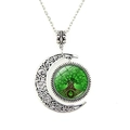 Silver crescent moon necklace with green Tree of Life pendant and vintage metal chain - Silver Moon Green Tree of Life Style (JY001301-1)
