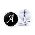 Silver mens cufflinks with black letter A design and glass dome on white background - Letter A Pattern (JY001069-1A)
