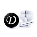 Macro view of silver cufflinks featuring letter D on black glass dome with T-bar closure - Letter D Pattern (JY001069-4D)