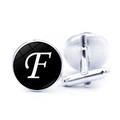 Detailed view of silver metal cufflinks with black round inlay and white script letter F - Letter F Pattern (JY001069-6F)
