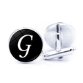 Detailed view of silver cufflinks with black letter G design and T-shaped swivel clasp - Letter G Pattern (JY001069-7G)
