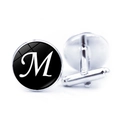 Detail of silver cufflinks with black round inlay and white floral letter M engraving - Letter M Pattern (JY001069-13M)