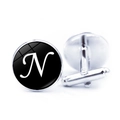 Macro shot of silver metal cufflinks with white letter N on black dial and glass coating - Letter N Pattern (JY001069-14N)