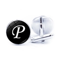 Detailed macro view of silver-toned metal cufflinks with black glass and white letter P - Letter P Pattern (JY001069-16P)