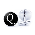 Detail shot of silver cufflinks with black background and letter Q under glass dome - Letter Q Pattern (JY001069-17Q)