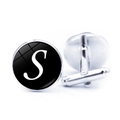 Close-up of silver-tone cufflinks with black S letter design and swivel back mechanism - Letter S Pattern (JY001069-19S)