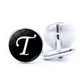 Macro detail of silver cufflink featuring a glass dome with a white letter T on black background - Letter T Pattern (JY001069-20T)