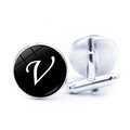 Detailed view of silver cufflinks featuring a round black dial with a white letter V - Letter V Pattern (JY001069-22V)