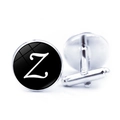 Macro shot of silver metal cufflinks with black round inlay featuring a white letter Z - Letter Z Pattern (JY001069-26Z)