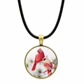 Vintage bronze Northern Cardinal bird pendant necklace with black braided leather cord - Bronze