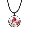 Artistic Northern Cardinal pendant necklace with black cord and round glass gem charm - Black