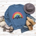 Flat lay of navy crewneck sweatshirt with rainbow sunshine print and autumn accessories - S / Deep Blue (Black Text)
