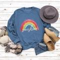 Flat lay of blue rainbow sweatshirt with You are my sunshine print and fall accessories - S / Blue (White Print)