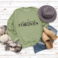 Flat lay of green long sleeve sweatshirt with Not Perfect Just Forgiven cross print - S / Olive Green Sweatshirt (Black Font)
