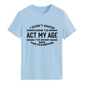 Lichtblauw katoenen T-shirt met ronde hals en zwarte sloganprint op witte achtergrond - S / Lichtblauw