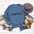 Flat lay of foggy blue sweatshirt with Not Perfect Just Forgiven text and cross detail - S / Blue Sweatshirt (Black Font)