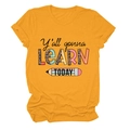 Detail of cotton crewneck t-shirt with Y'all gonna learn today pencil graphic print - S / Mustard Yellow (Black Text)