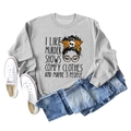 Flat lay of gray long-sleeve sweatshirt with humor graphic, jeans and white shoes - Gray