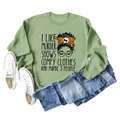 Flat lay of green crewneck sweatshirt with 'I LIKE MURDER SHOWS' graphic and jeans - Olive Green