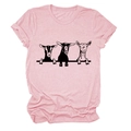 T-shirt rosa girocollo con tre stampe di capre in bianco e nero e maniche arrotolate - Rosa (Stampa Nera)