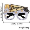Detail showing dimensions of purple glitter graduation party glasses with Congrats banner - Goblet Graduation Cap Style
