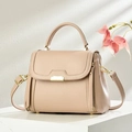 Fashionable beige faux leather crossbody bag with gold metal handles and flap closure - Khaki