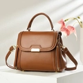 Classic brown leather tote bag with gold metal buckle and shoulder strap for work - Brown