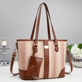 Pink striped canvas tote with brown leather trim and detachable shoulder strap - Khaki