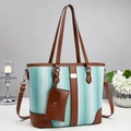 Conjunto de bolsos tote con rayas verdes y blancas, adornos de cuero sintético y asa - Verde