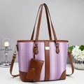 Large striped purple tote bag with leather handles and matching detachable coin pouch - Purple