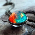 Nebula theme glass ball pendant necklace with cosmic galaxy pattern on wooden background - Red Orange Blue Green Galaxy Style (JY001624-1)