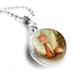 Macro view of double-sided glass pendant with fox illustration on a silver ball chain - Two Foxes with Leaves Style (JY001610-7)